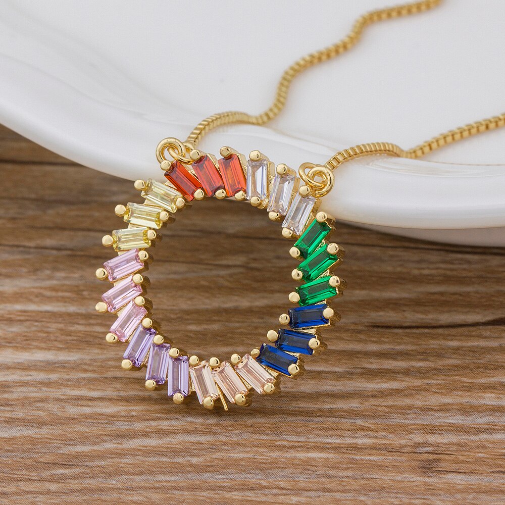 Nidin New Trendy CZ Rainbow Necklace Woman Long Chain Zirconia Necklace Natural Stone Jewelry Collar Pendant Necklace For Women