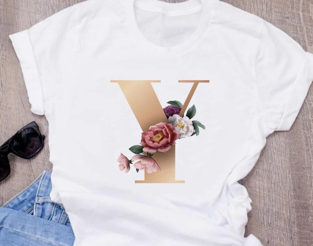 High-Quality Custom Personalized Name Letter (O) Combination T-Shirt for Women with Floral Alphabet Design in Short Sleeves.