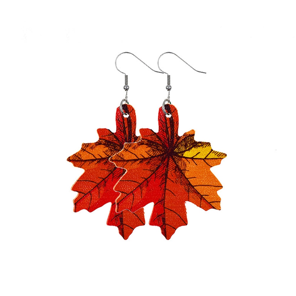 Pumpkin Maple Thanksgiving Leather Earrings Women Vintage Unique Floral Checked Print Leather Teardrop Dangle Earrings Gifts