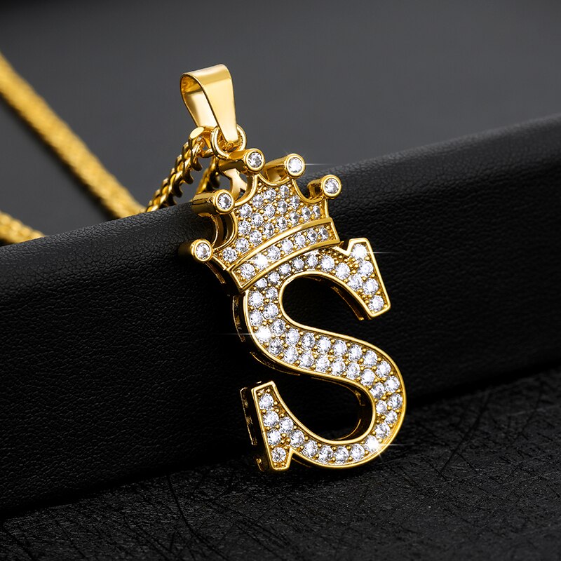 Crystal Zircon Alphabet Pendant Necklaces For Women Men Crown Initial Letter Necklace Hip Hop Chain Jewelry Collier Bijoux