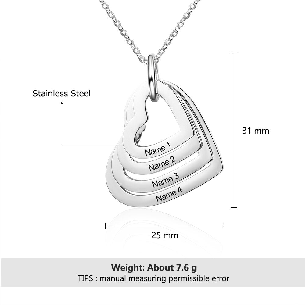 Personalized Stainless Steel Engraved Necklace with 2-5 Names 3 Colors Customized Multilayer Heart Pendant Necklace for Women
