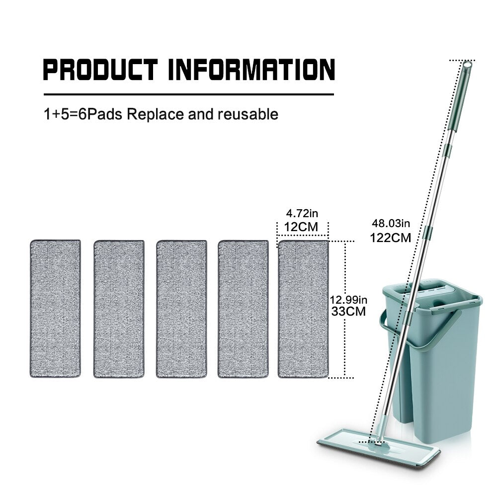 Squeeze Mop With Bucket Head 360 Rotating Flat Mop With Microfiber Pads Hand-free Wash Floor Mop Wet And Dry Home Cleaning Tool