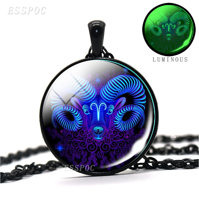 12 Constellations Zodiac Signs Luminous Glass Cabochon Necklace - Leo, Virgo, Cancer, Libra, Gemini, Pisces, Aries and More