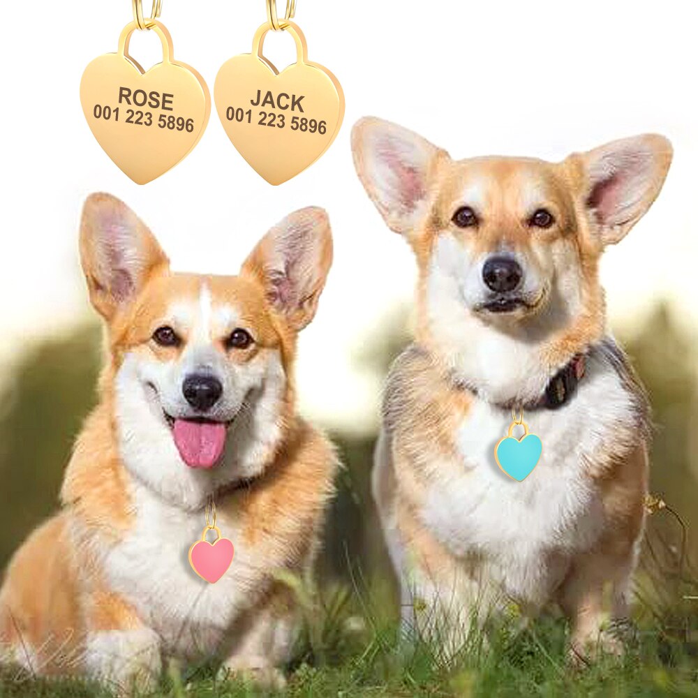 Personalized Cat Dog ID Tags Heart Shape Dog Cat Name Tag Customized Engraved Anti-lost Pendant Pet Dog Collar Accessories