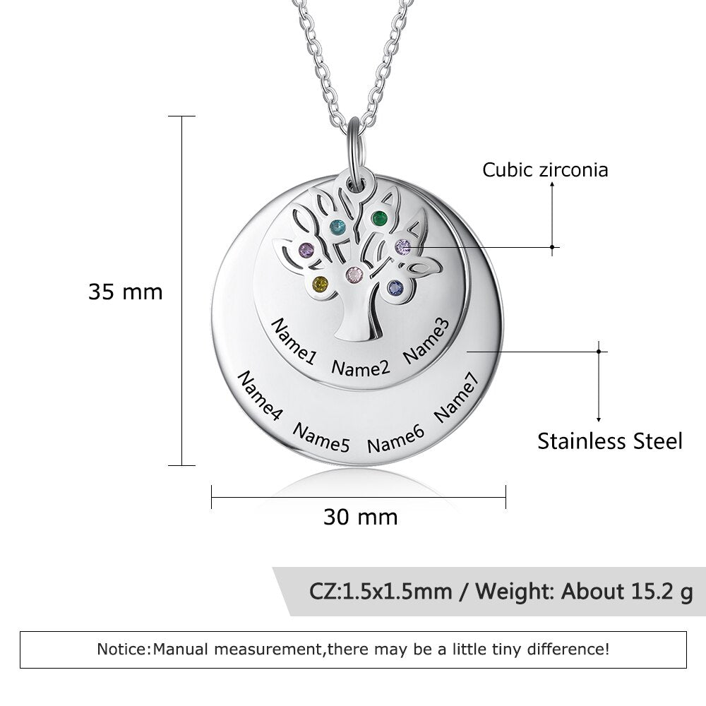 Personalized Family Name Engraved Necklaces for Women Tree of Life Stainless Steel Pendant Necklace with 7 Birthstones Jewelry