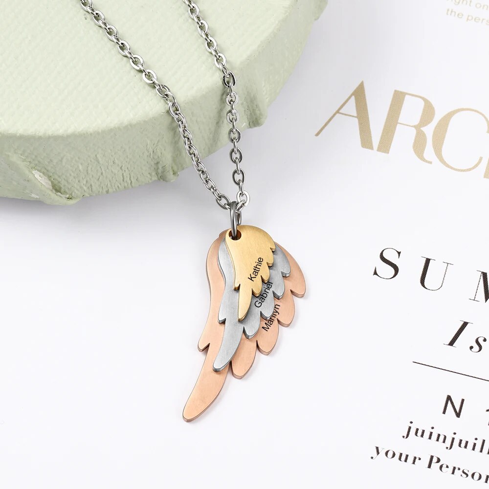 Personalized Wings Necklace with 3 Names Mixed Steel &amp; Rose Gold &amp; Gold Color Custom Family Engraved Necklace(JewelOra NE103785)