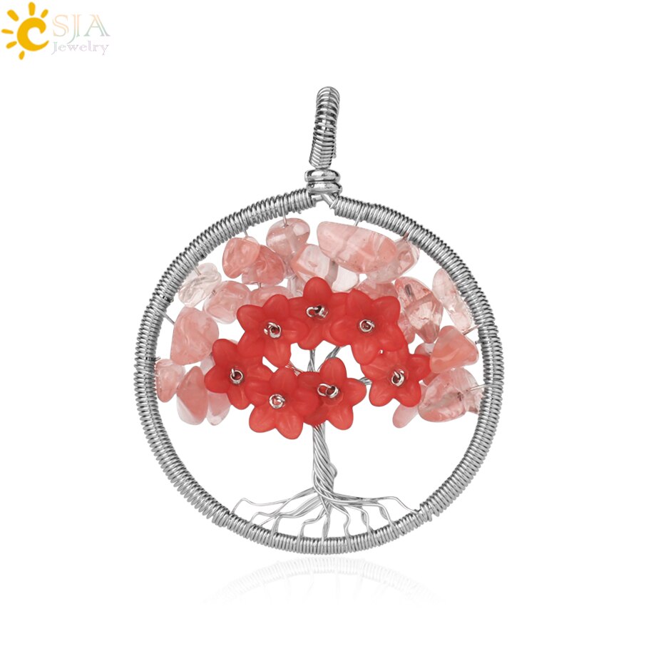 CSJA's Silver-Colored Tree of Life Pendant Necklace with Natural Stone - Wire-Wrapped Quartz Crystal Chip Bead Flower - Reiki Jewelry for Women - Model G306