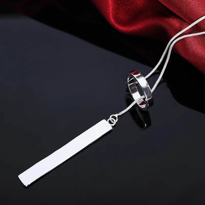 925 Silver Long Circle Bar Pendants Necklace Chains For Women Valentine&#39;s Gift Fashion Jewelry