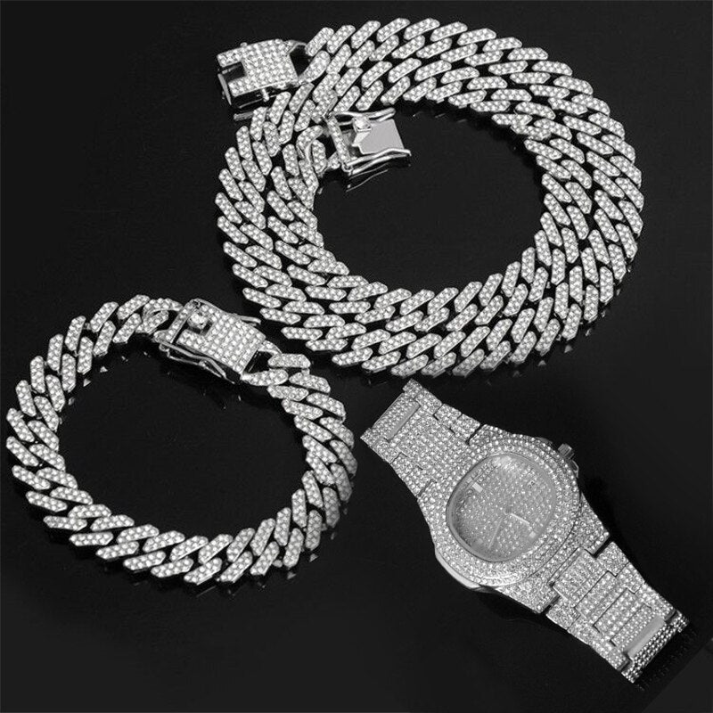 Hip Hop 15MM Necklace +Watch+Bracelet Bling Iced Out Miami Zircon Cuban Pave Rhinestone Men Bracelet Necklace For Men Jewelry