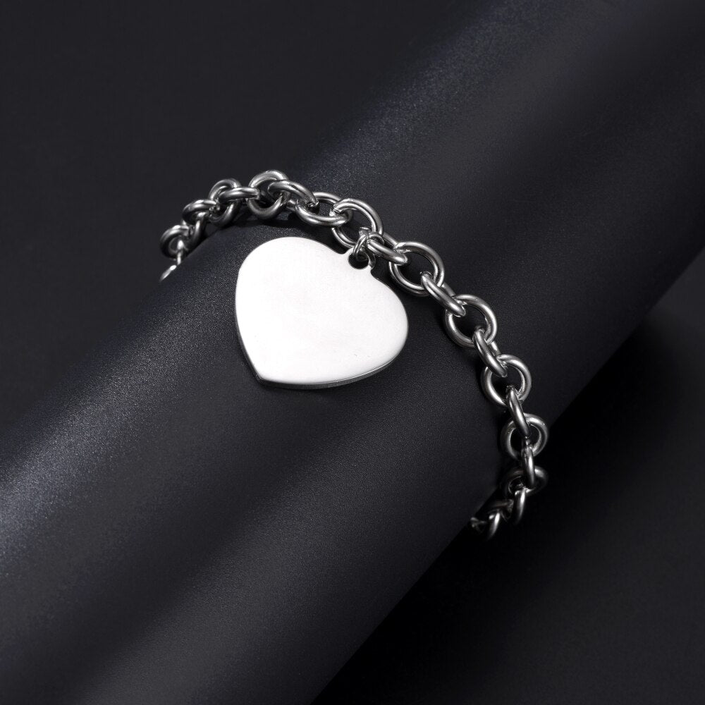 Customized Bracelet For Men Women Stainless Steel Heart Round Charm Trend Jewelry Engraving Photos Name Logo Bracelets Gift