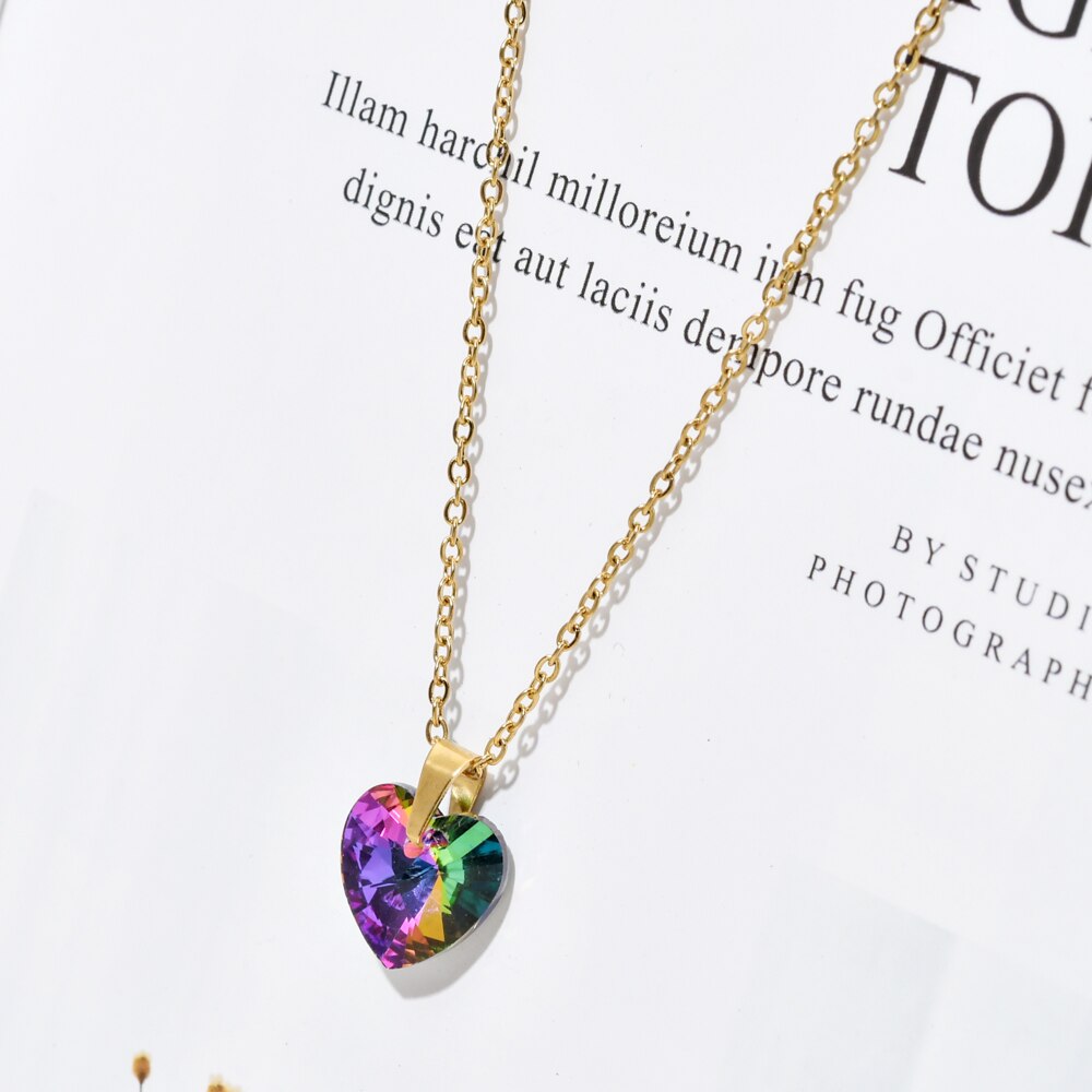 ZMZY Heart Pendants Stainless Steel Jewelry Luxury Classic cz Pendant Necklace Gold Color Chain Clavicle Necklace Women Gift