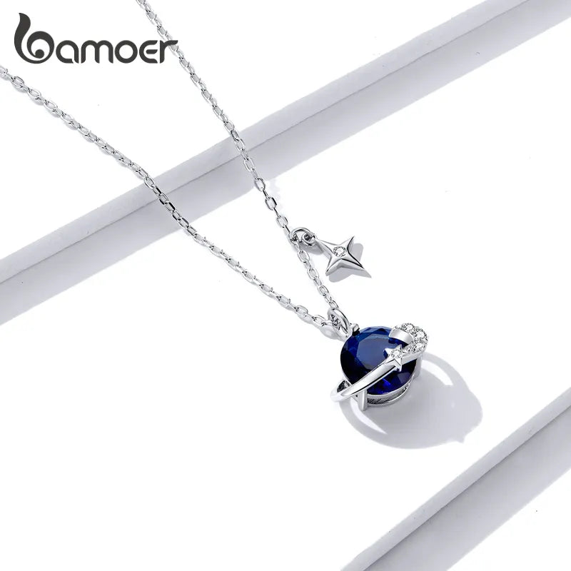 bamoer 925 Sterling Silver Blue Planet Pendant Necklace for Women Stars Design Engagement Statement Jewelry Colllar BSN166