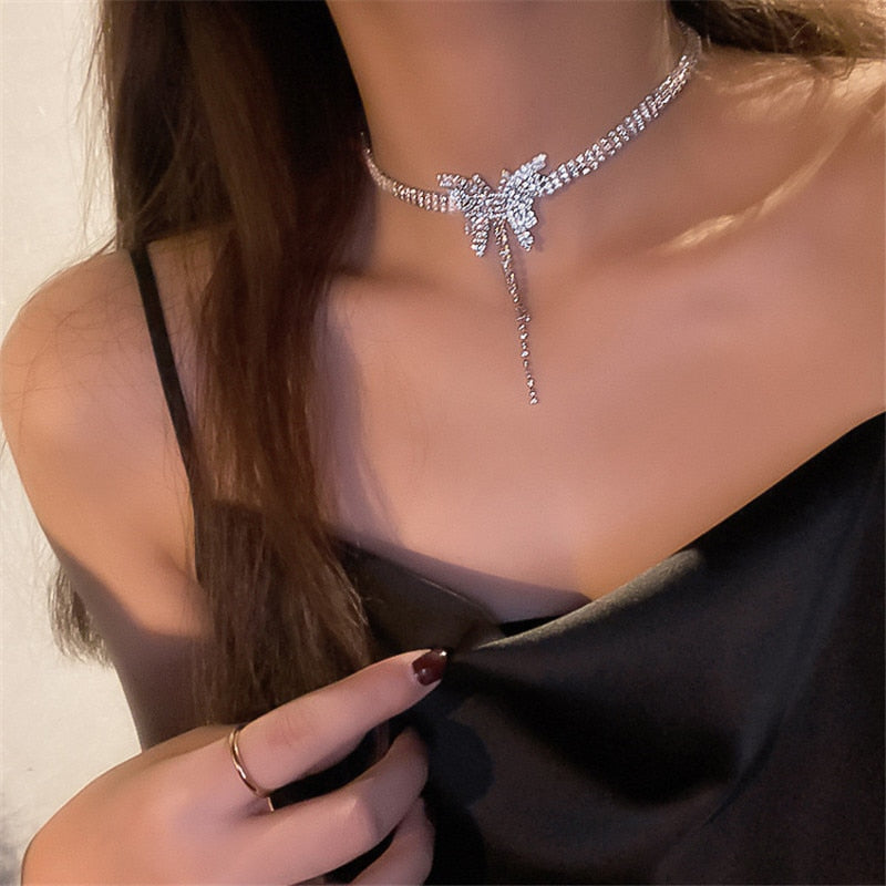 FYUAN Butterfly Crystal Choker Necklaces for Women Long Tassel Rhinestone Necklaces Weddings Jewelry Party Gifts