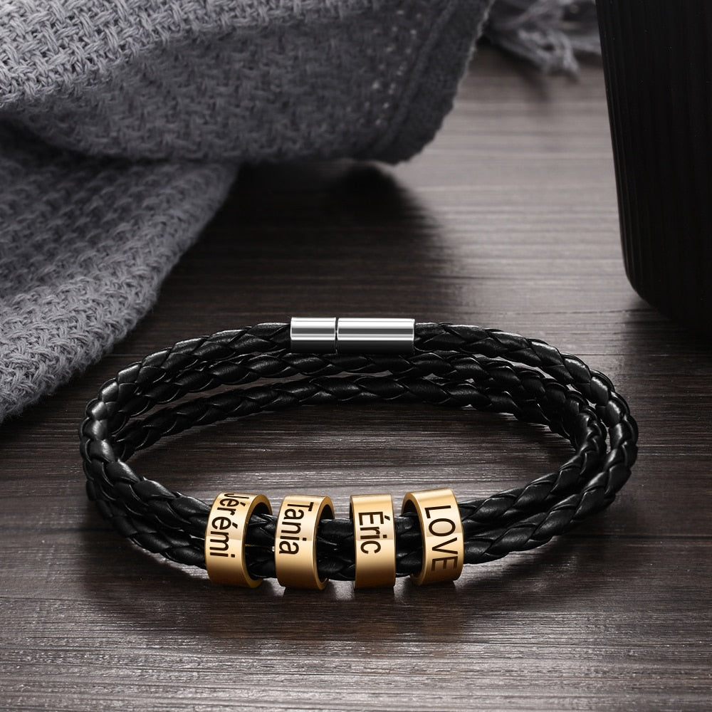 JewelOra Personalized Multilayer Leather Bracelets for Men Gold Color Customized Engraving Name Beads Charm Bracelet &amp; Bangles