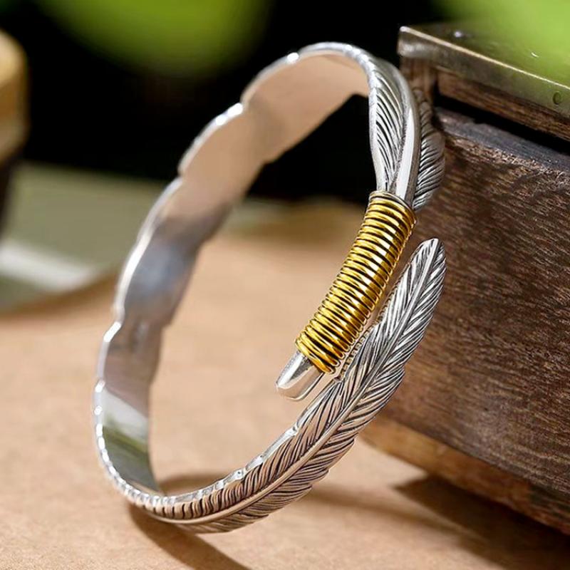 Silver Color Feather Cuff Bracelet for Men Women Vintage Adjustable Bracelet Bangle Fashion Jewelry