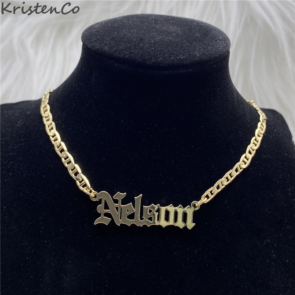 KristenCo Personalized Custom Name Necklace Pendant Gold Color Flat Chain Customized Nameplate Necklaces for Women/Men Gifts