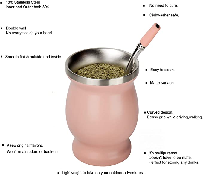 Yerba Mate Gourd Set Double-Wall Stainless Steel Mate Tea Cup and Bombilla Set Includes Yerba Mate Gourd (Cup) With One Bombilla