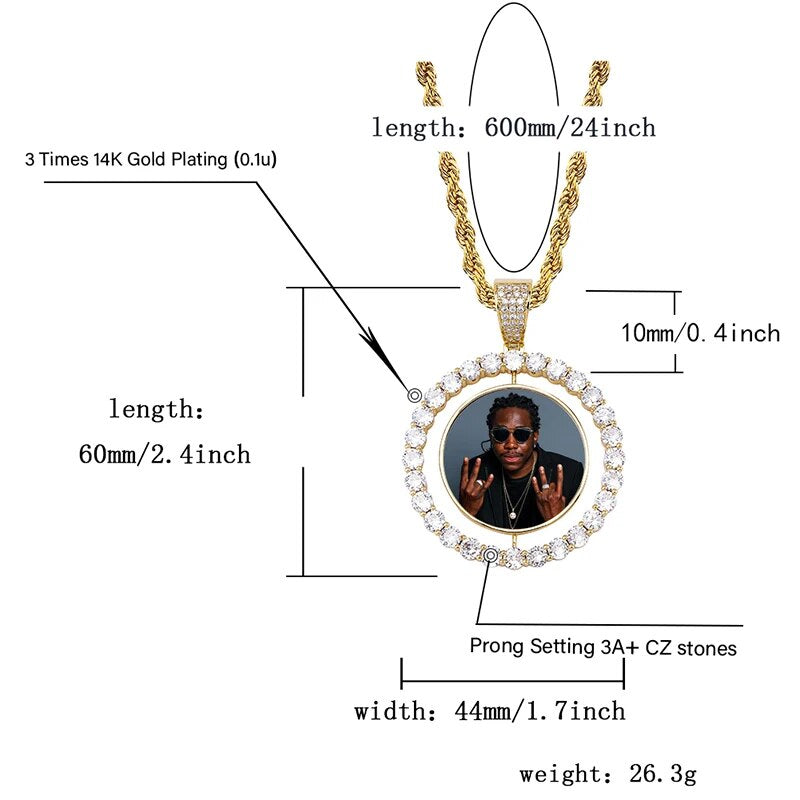 TOPGRILLZ Custom Made Photo Rotating Double-sided Medallions Pendant Necklace With 4mm Tennis Chain Zircon Men&#39;s Hip Hop Jewelry