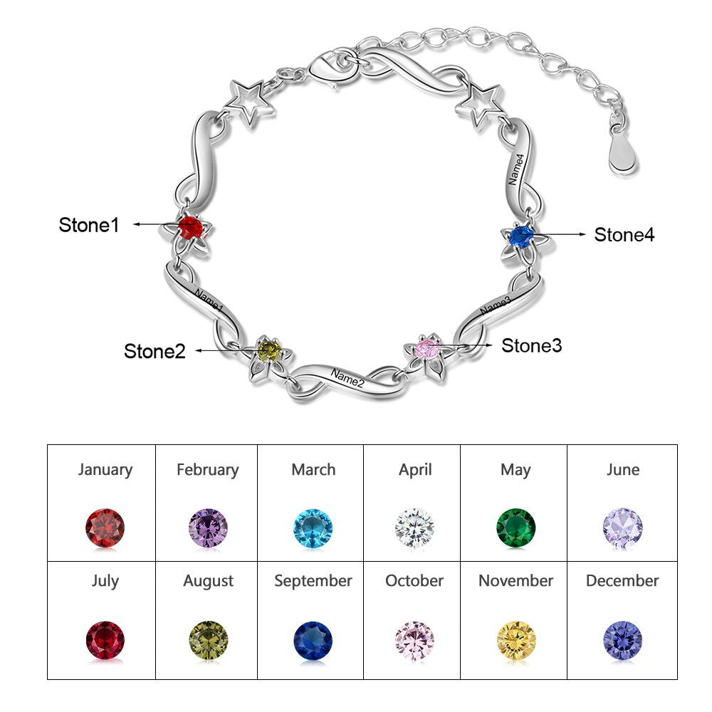 JewelOra Personalized Name Engraving Infinity Bracelet Customized 2-7 Inlaid Birthstone Flower Bracelets for Women Mothers Gifts