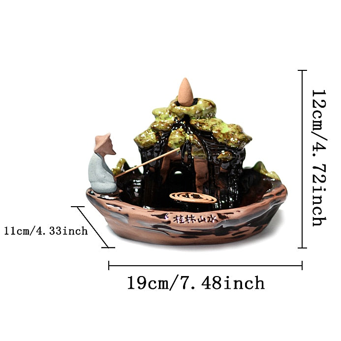 Backflow Incense Burner Old Man Fishing Statue Ceramic Portable Stick Holder Censer Smoke Waterfall Incense Burner Home Decor