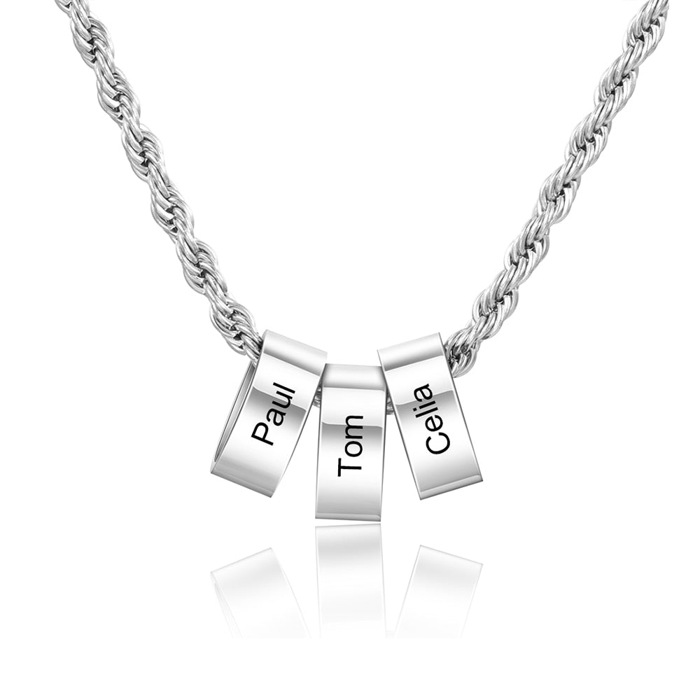 Men's Necklace Customized Stainless Steel Beads Charm Necklace Pendants Father's Day/Men Gift with Names Engraving.