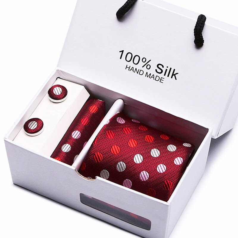 Joy alice New Men's Tie Hanky Cufflinks Set With Gift Box Red polka dot Fashion Ties For Men Wedding Business Party Groom SB43