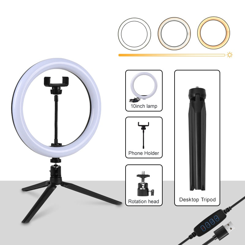 Dimmable Round Circle Light Selfie LED Round Lamps USB With Phone Holder 1.6M Tripod Stand For Tiktok Video Light Makeup Photography Set.