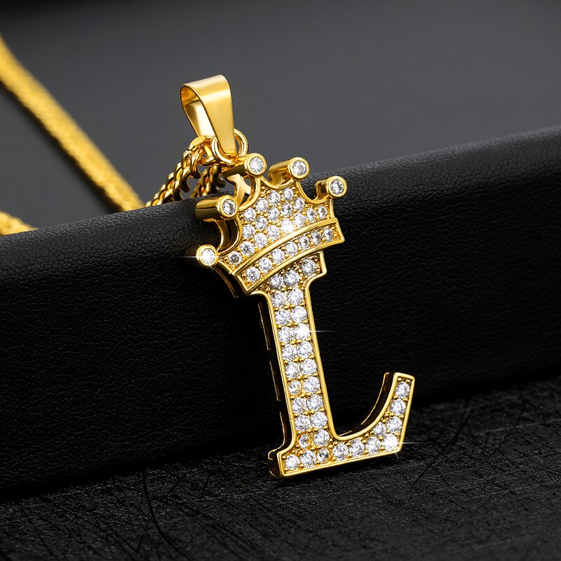 Crystal Zircon Alphabet Pendant Necklaces For Women Men Crown Initial Letter Necklace Hip Hop Chain Jewelry Collier Bijoux