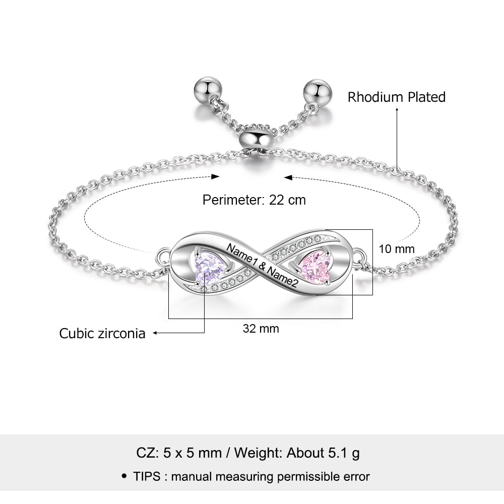 JewelOra Personalized Engraved Name Infinity Bracelet with 2 Birthstones Custom Zirconia Adjustable Chain Bracelets for Women