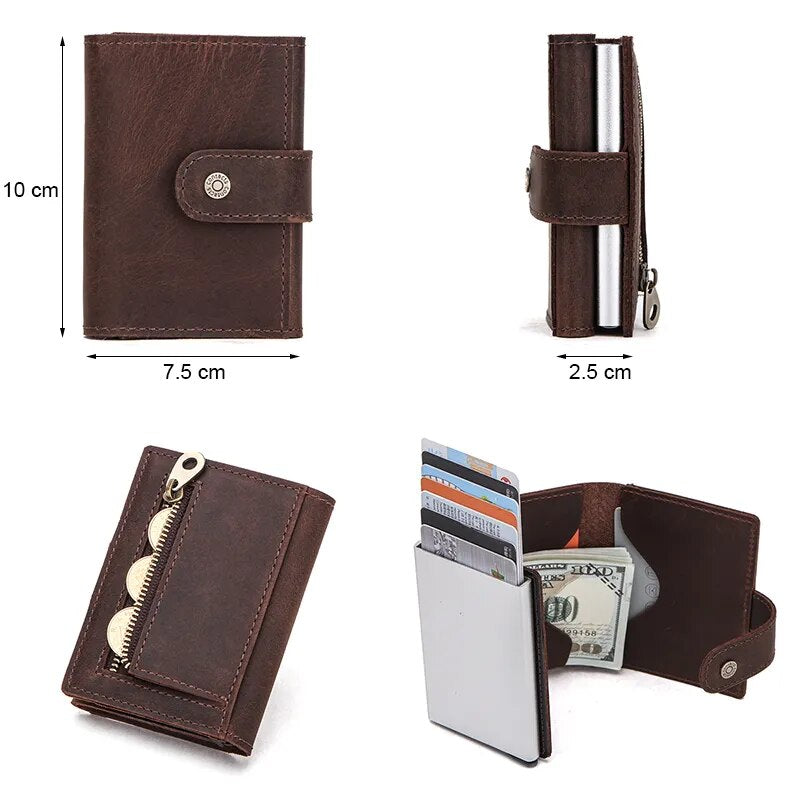 Contact's Customize Men Card Wallet Business Credit Card Holders Crazy Horse Leather Men Mini Wallets Rfid Aluminium Box Purse