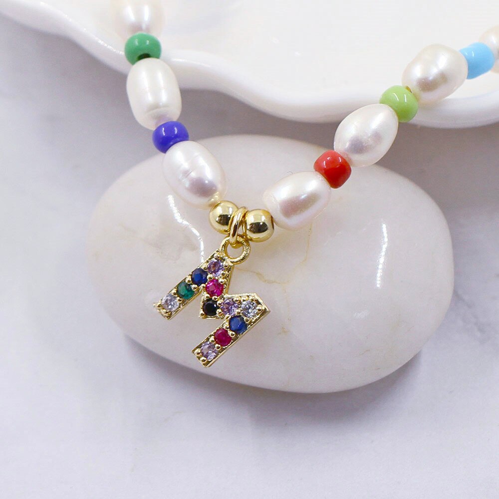 2023 New Natural Pearl Letter Choker Necklace/Bracelet Women Baroque Pearl Initial 26 Alphabet Name Pendant Rainbow Jewelry Gift