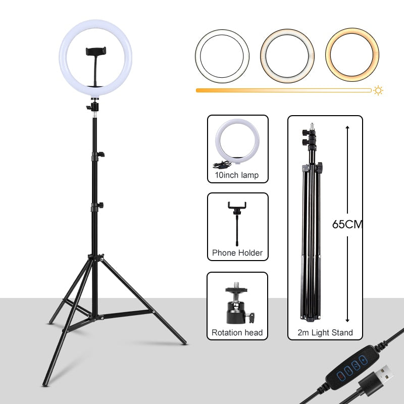 Dimmable Round Circle Light Selfie LED Round Lamps USB With Phone Holder 1.6M Tripod Stand For Tiktok Video Light Makeup Photography Set.