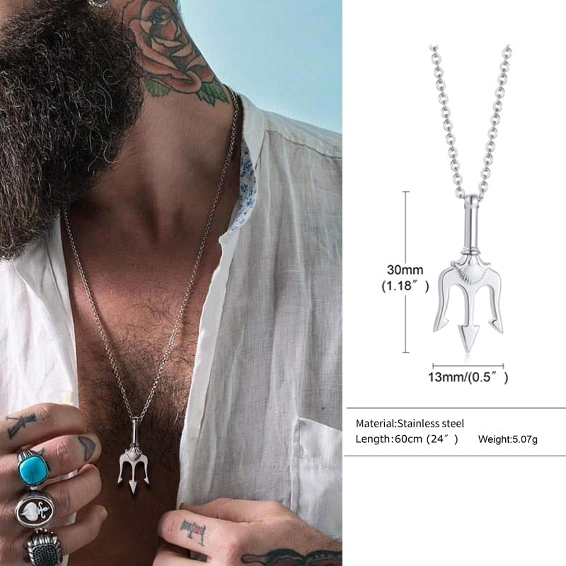 Men's Neptune Trident Pendant Necklace in stainless steel, a thoughtful gift for a sea lover. Manly looking Trendy Necklace.