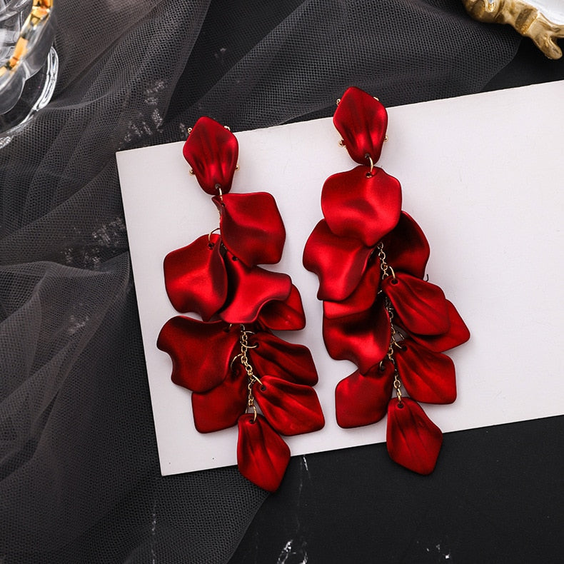 2019 hot fashion exaggerated earrings personality red rose petals long earrings beach party holiday earrings for women