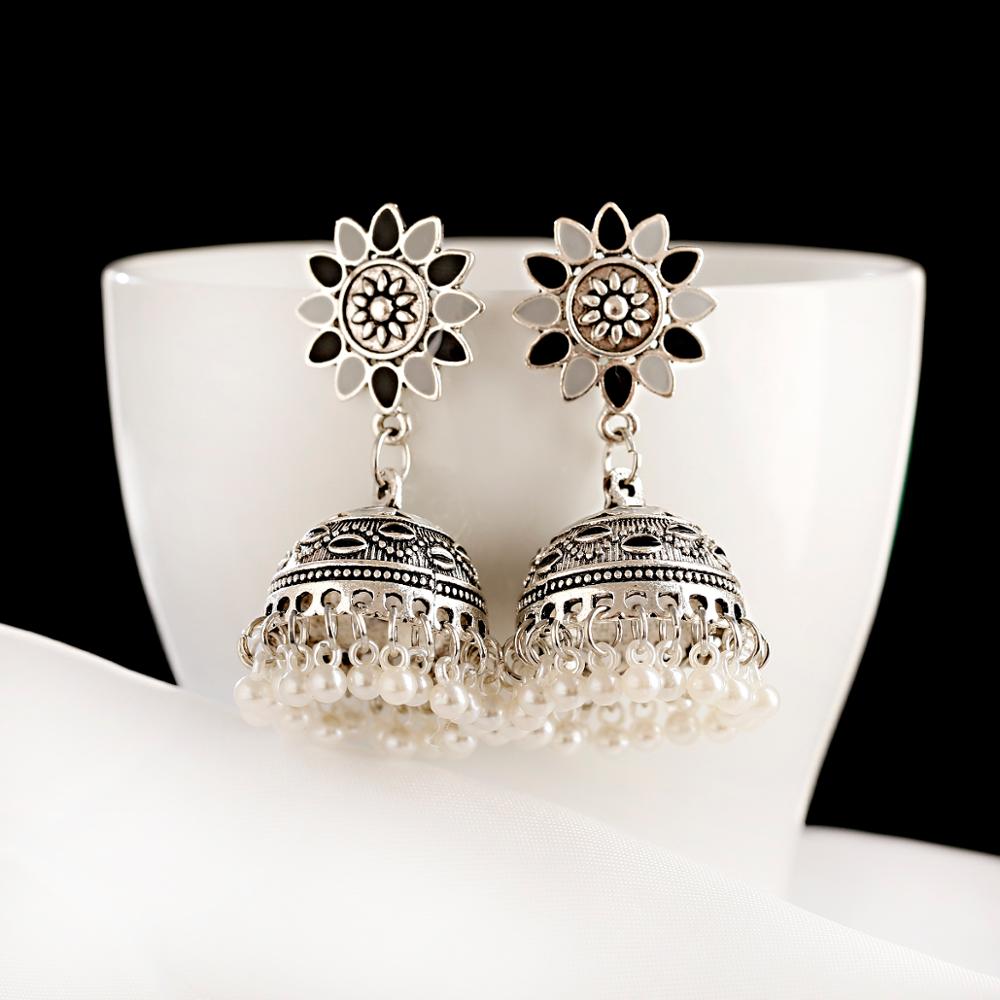 Ethnic Hollow Flower Turkish Jhumka Earrings For Women Vintage Indian Jewelry Silver Color Bell Tassel Dangling Earrings