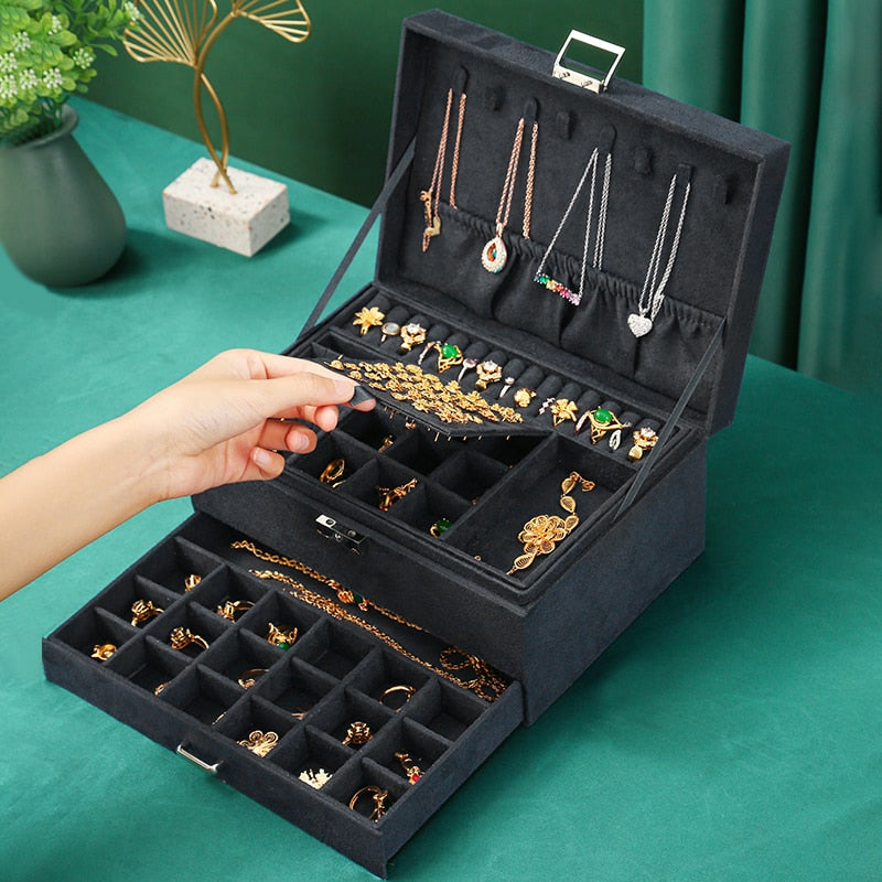 WE Oversized 3-layes Black Flannel Jewelry Box boite a bijou Jewelry Organizer Necklace Earring Ring Storage Box for Women Gifts