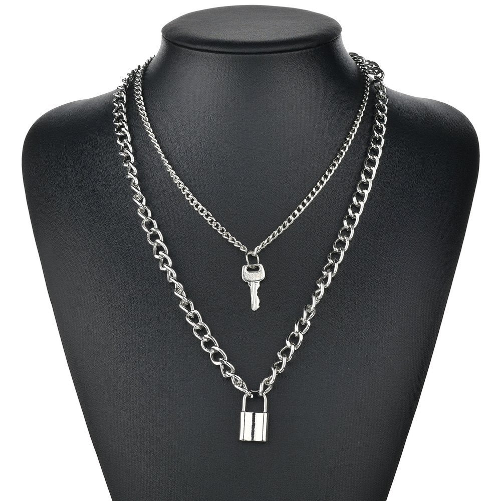 Hip Hop Multi Layers chain necklace with heart lock women/men punk rock padlock pendant necklace emo grunge Goth jewelry