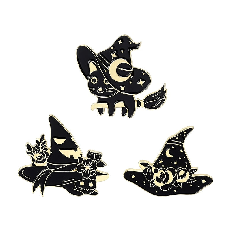 3-6pcs/set Gothic Space Punk Enamel Pin Custom Witch Cat Raven Moth Brooch Lapel Pin Badge Halloween Jewelry amazing price