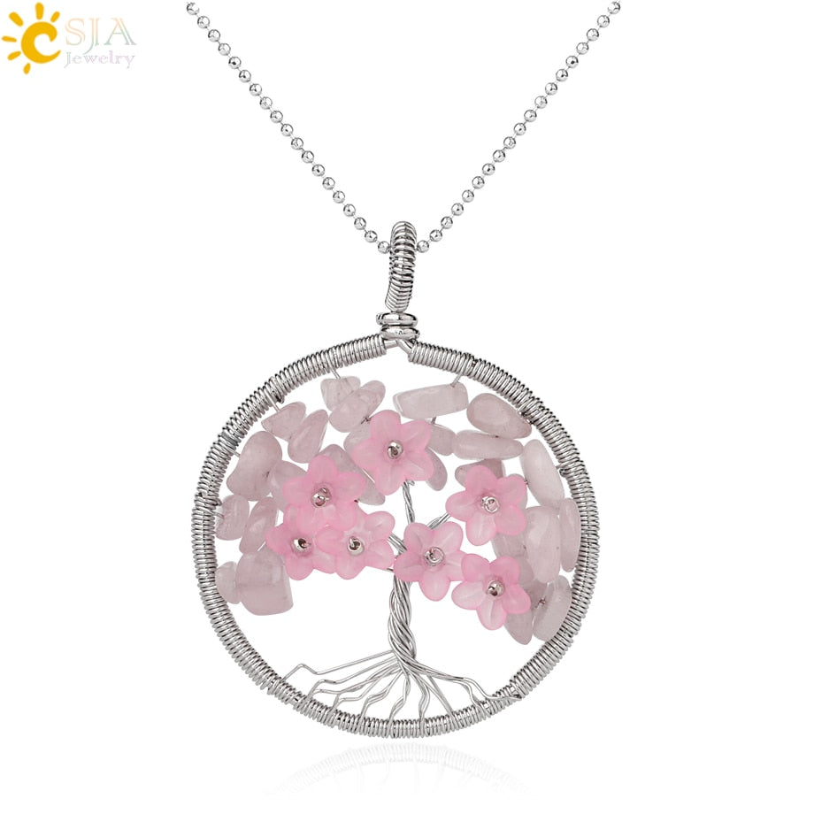 CSJA's Silver-Colored Tree of Life Pendant Necklace with Natural Stone - Wire-Wrapped Quartz Crystal Chip Bead Flower - Reiki Jewelry for Women - Model G306