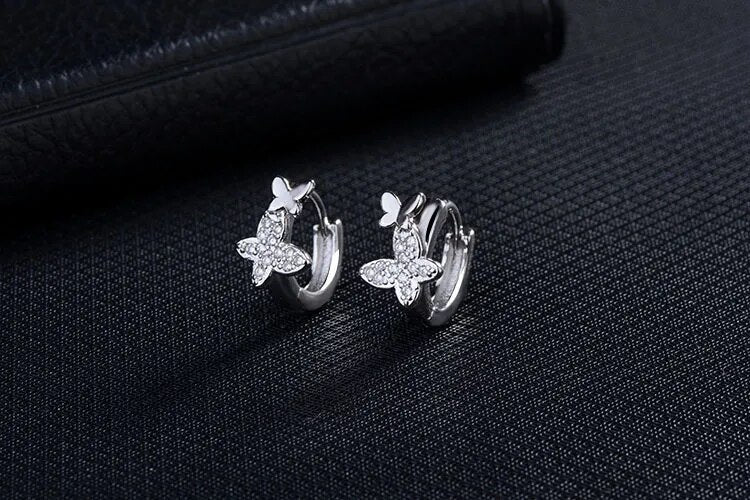 Baby 925 Silver Clear CZ Cute Animal Double Butterfly Hoop Earring For Kids Children Girls Women Loop Huggies Earring Jewelry