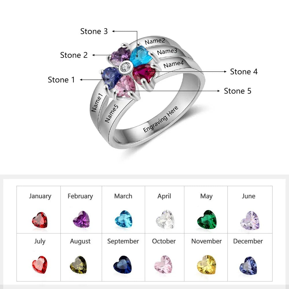 925 Sterling Silver Personalize Mothers Day Ring with 2-8 Birthstone Custom Kids Name Engagement Promise Rings for Women Grandma