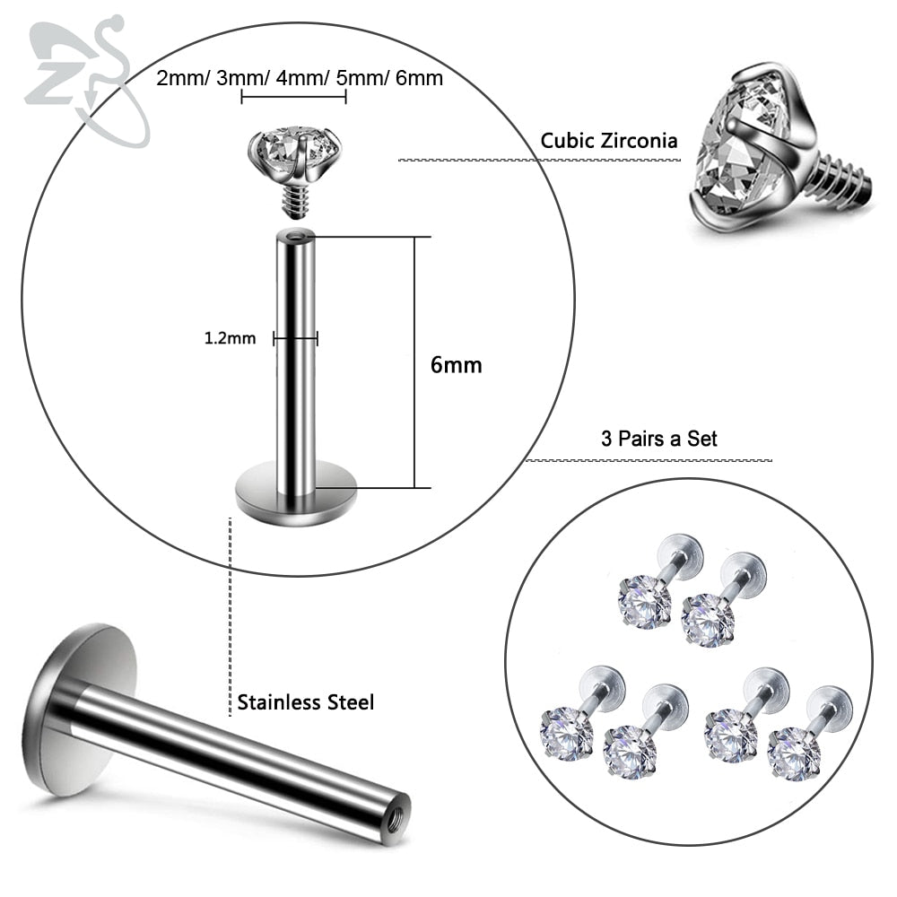 ZS 6 Pcs/Lot 16G Stainless Steel Labret Lip Piercing Set 3/4/5/6MM CZ Crystal Ear Cartilage Tragus Helix Conch Piercings Jewelry