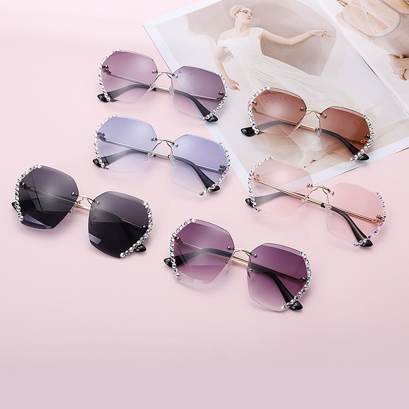 JASPEER New Crystal Rimless Sunglasses Women Luxury Brand Designer Rhinestone Frameless Gradual Sun Glasses Shades Hexagon