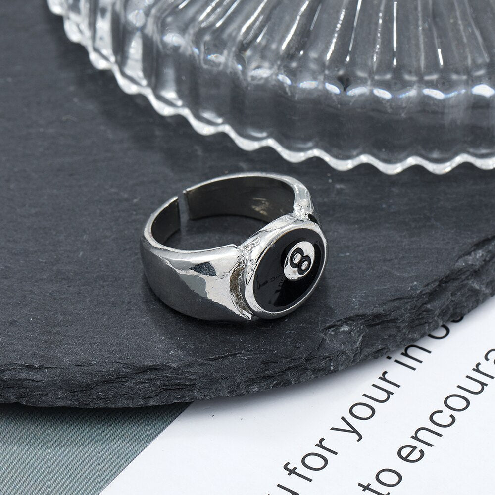 Punk Style Billiard Number Black 8 Opening Adjustable Rings Metal Alloy Rings Fashion Hip Hop Rock Jewelry For Women And Men