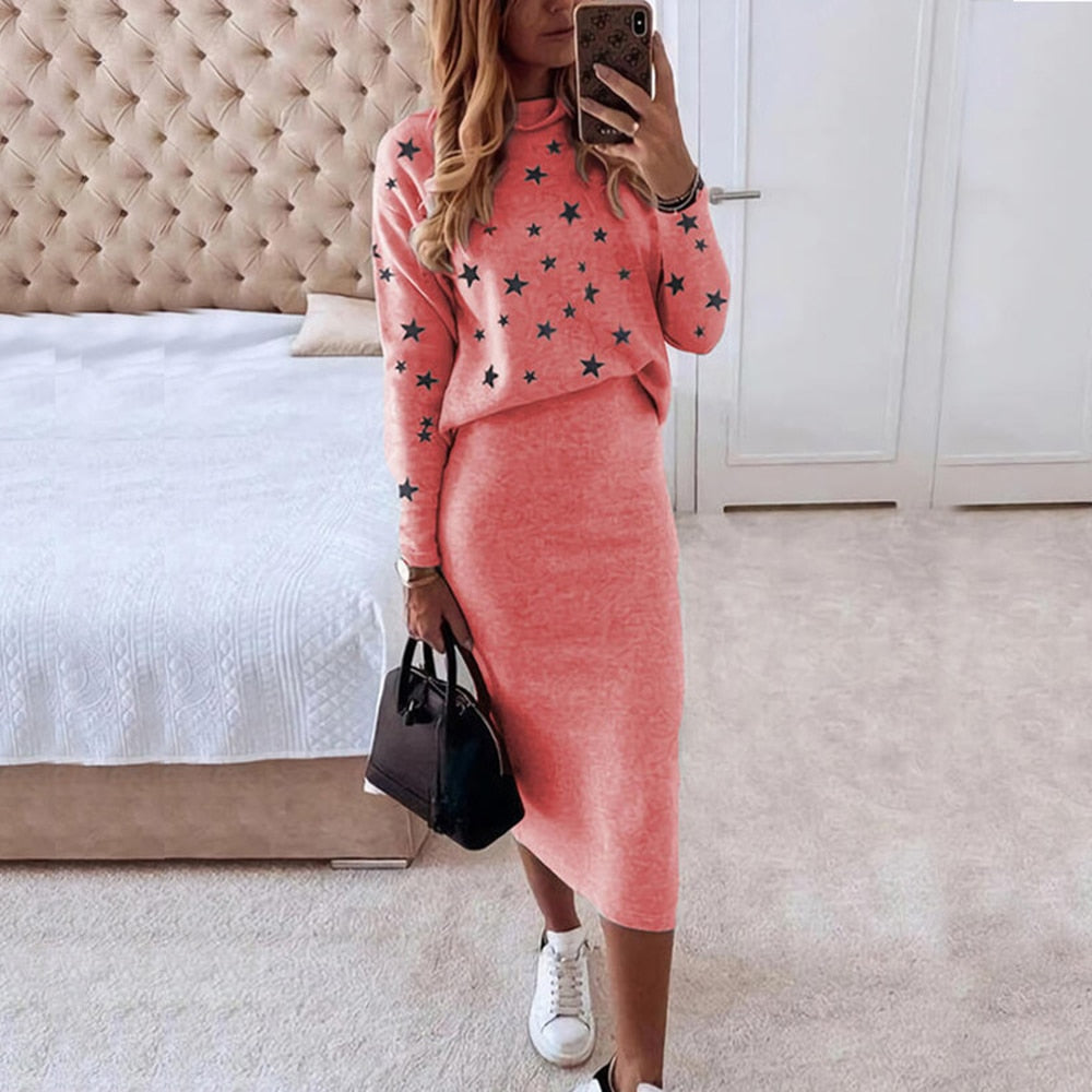 Women Casual 2 Piece Set Autumn Sexy V-nevk Long Sleeve Lace Stitching Top + Slim Pencil Skirt 2022 Fashion Office Lady Suits