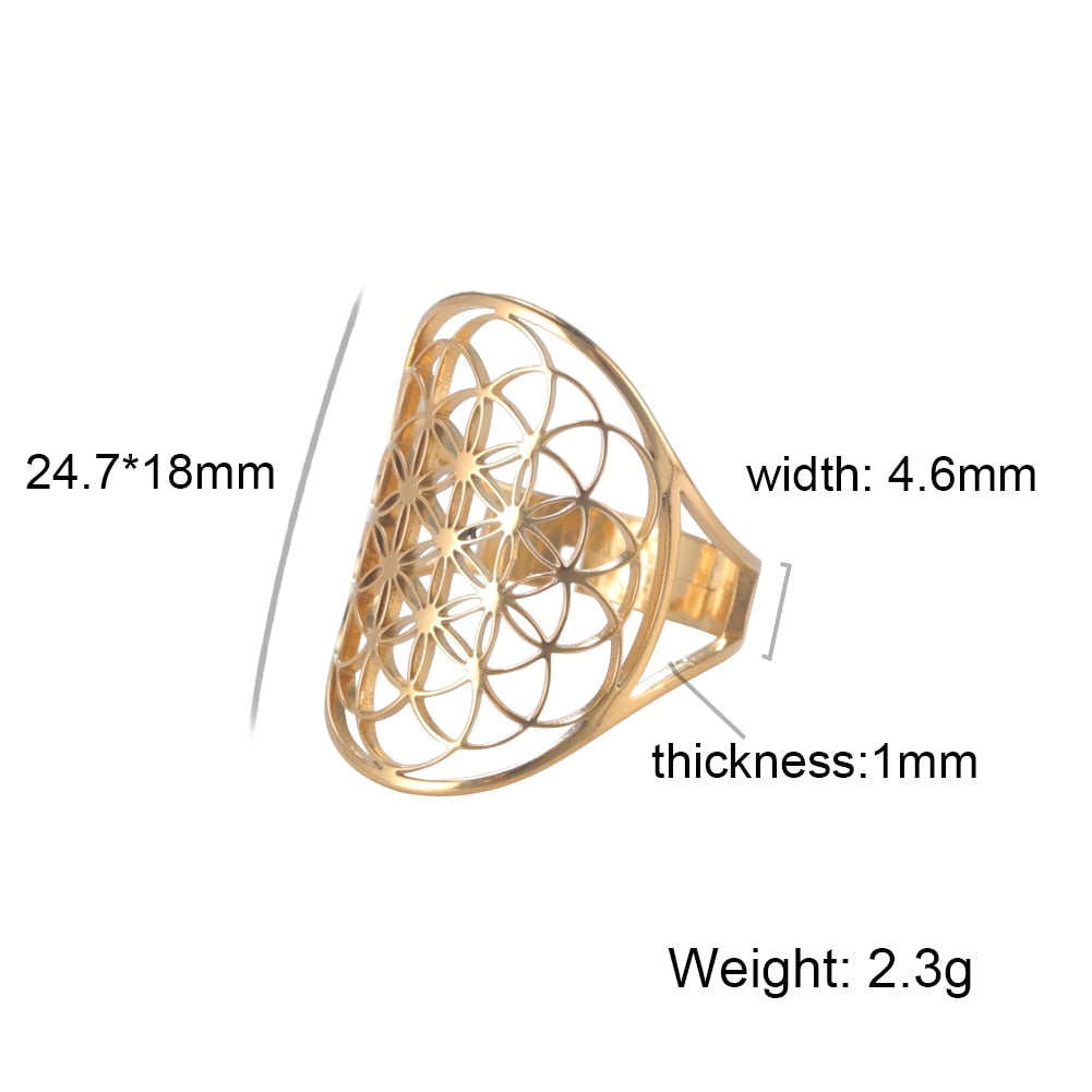 Skyrim Viking Flower of Life Ring Vintage Adjustable Stainless Steel Sacred Geometry Rings for Women Amulet Jewelry Wholesale