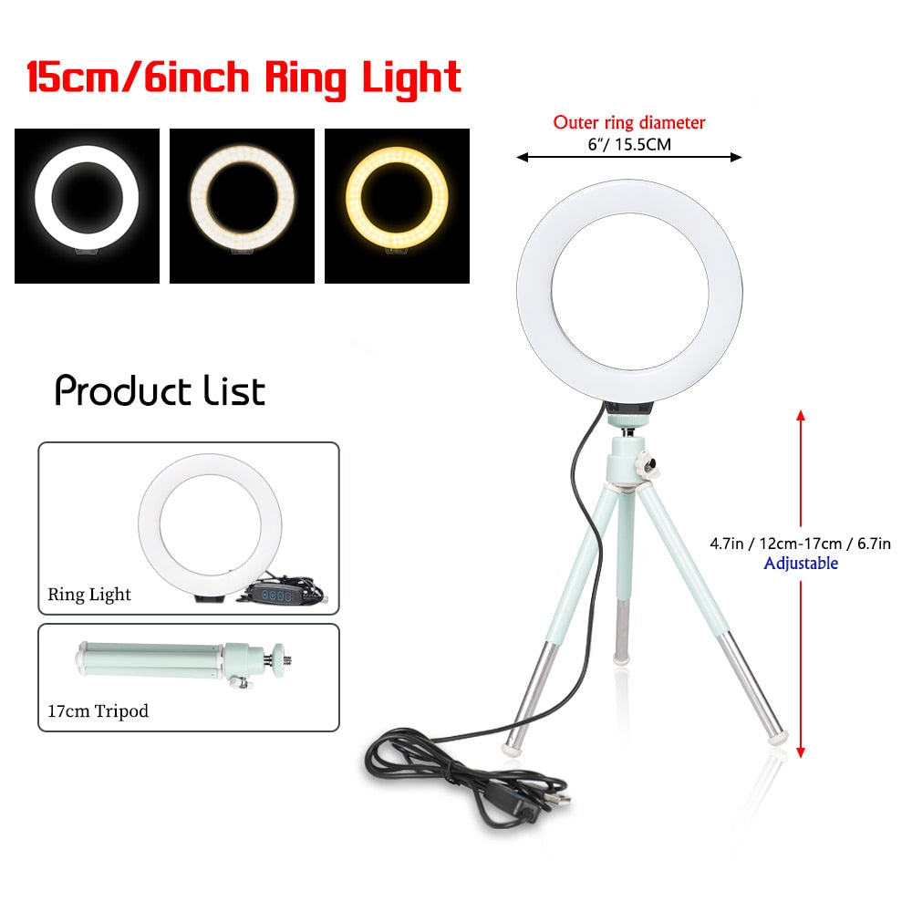 SH 16cm 6 inch Circle Round Light With Tripod Stand Usb Charge Selfie Led Lamp Dimmable Photography Light For Photo Photography Studio