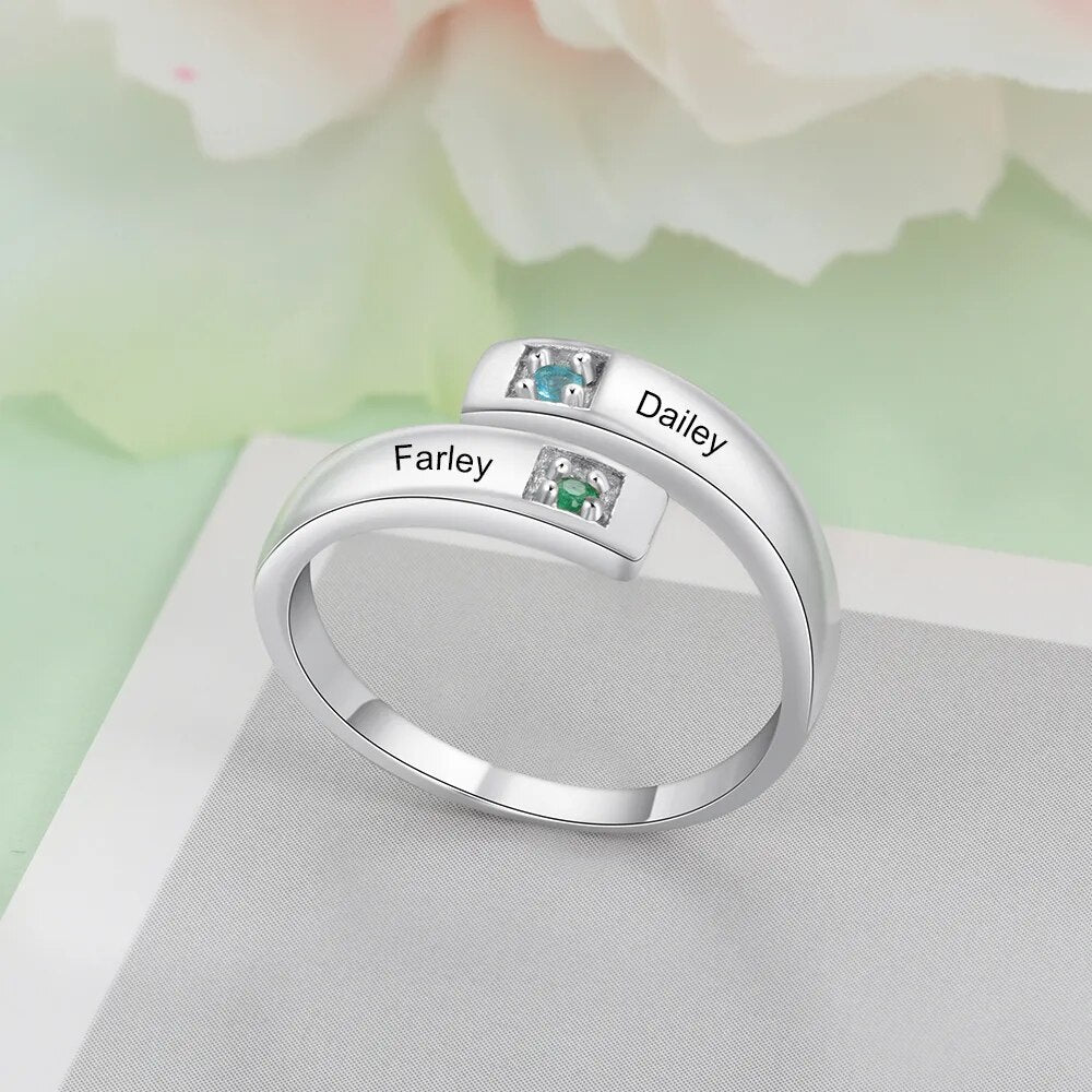 Personalized Women Rings with Birthstone Custom 2 Names Engraved Adjustable Promise Rings for Couples Jewelry(JewelOra RI103934)