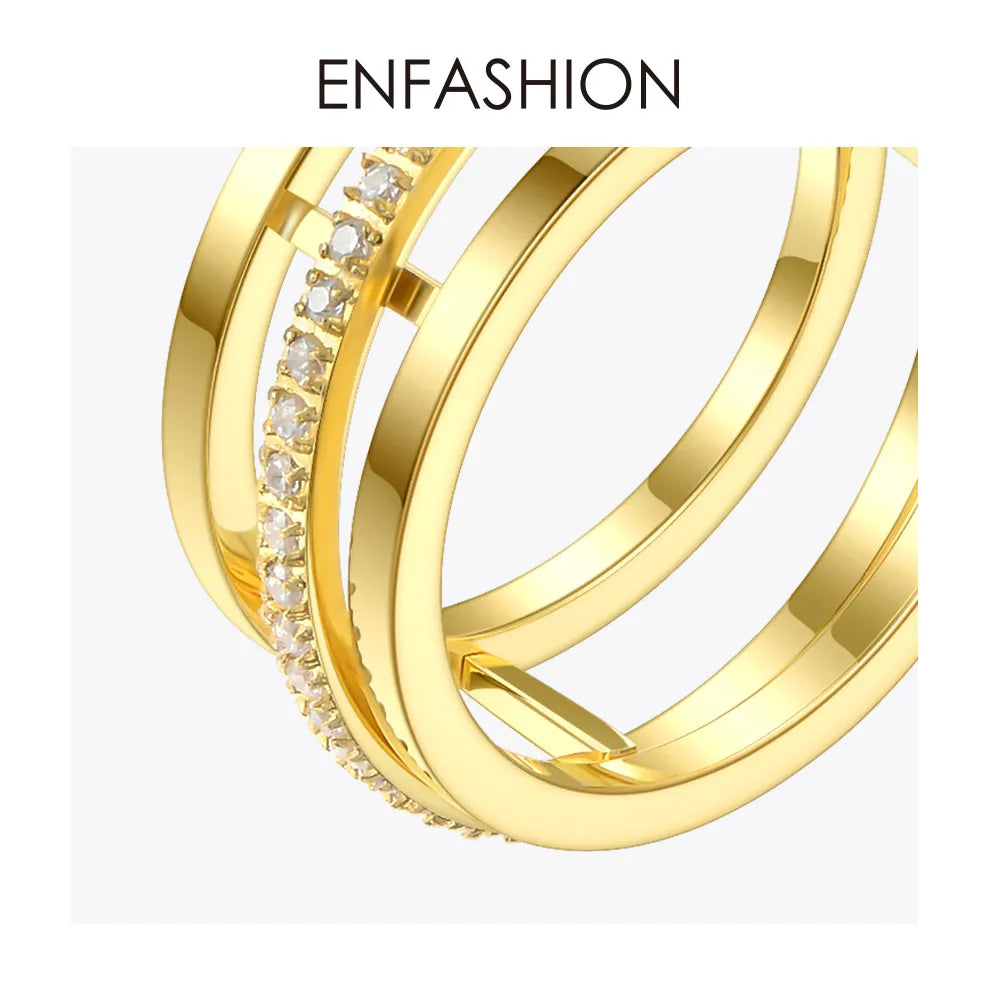 ENFASHION Crystal Geometric Hollow Rings For Women Gold Color Stainless Steel Movable Circle Ring Fashion Jewelry Gifts R194023