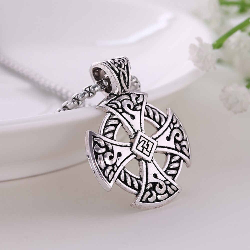 My Shape Cross Viking Shield Pendant Necklace Jewelry Tibetan Silvery Solar Cross Knot Religious Christian Irish Druid Leather